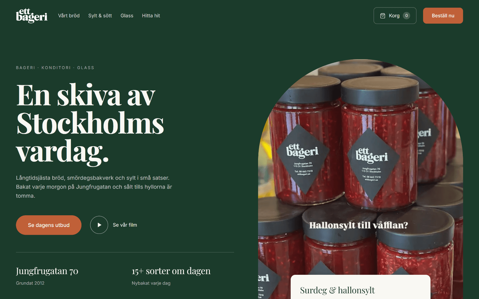The Ett Bageri homepage: a Swedish headline beside a photograph of jars of raspberry jam.
